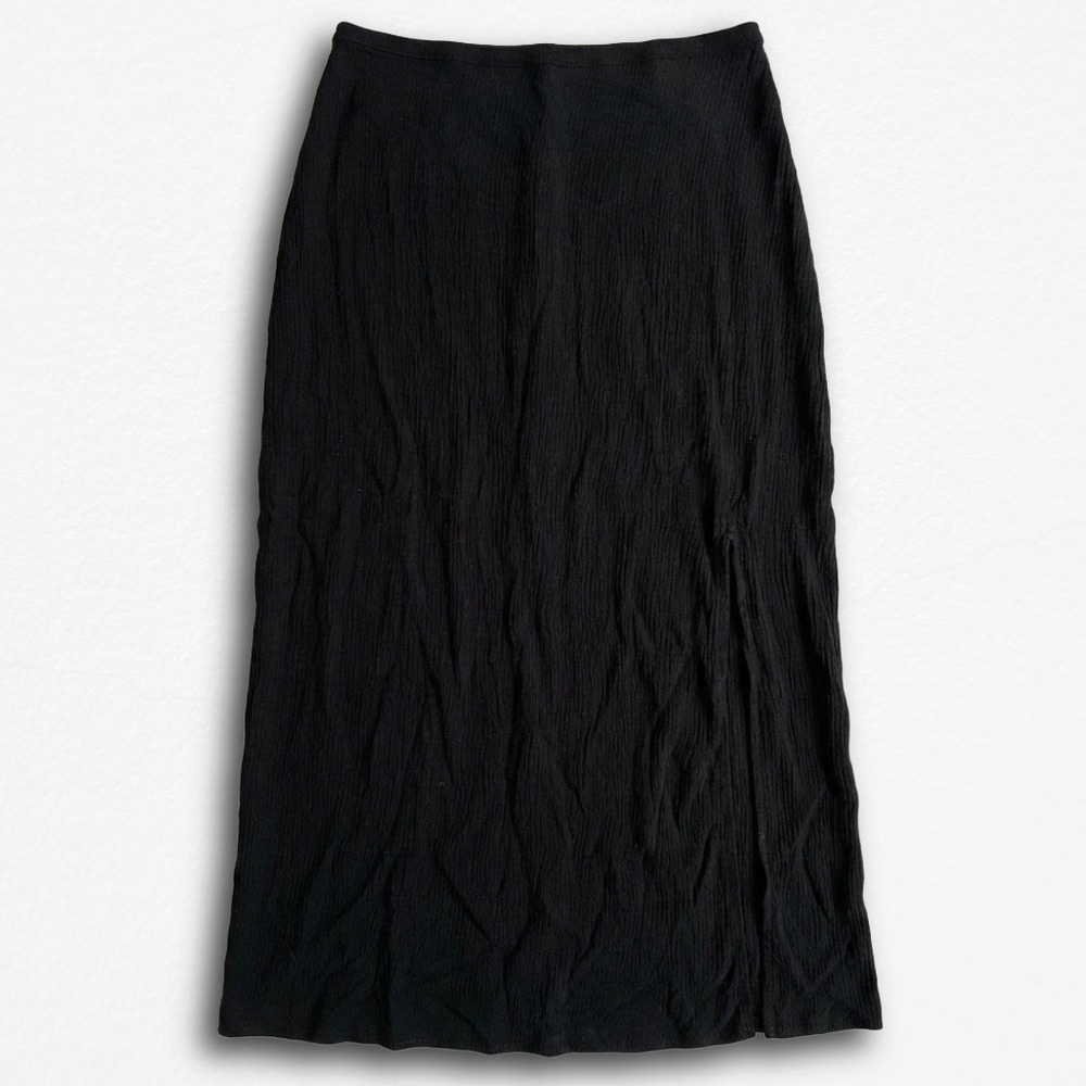 Joah Black Crinkle Textured Midi‎ Skirt Elastic Waist Side Slit Minimalist